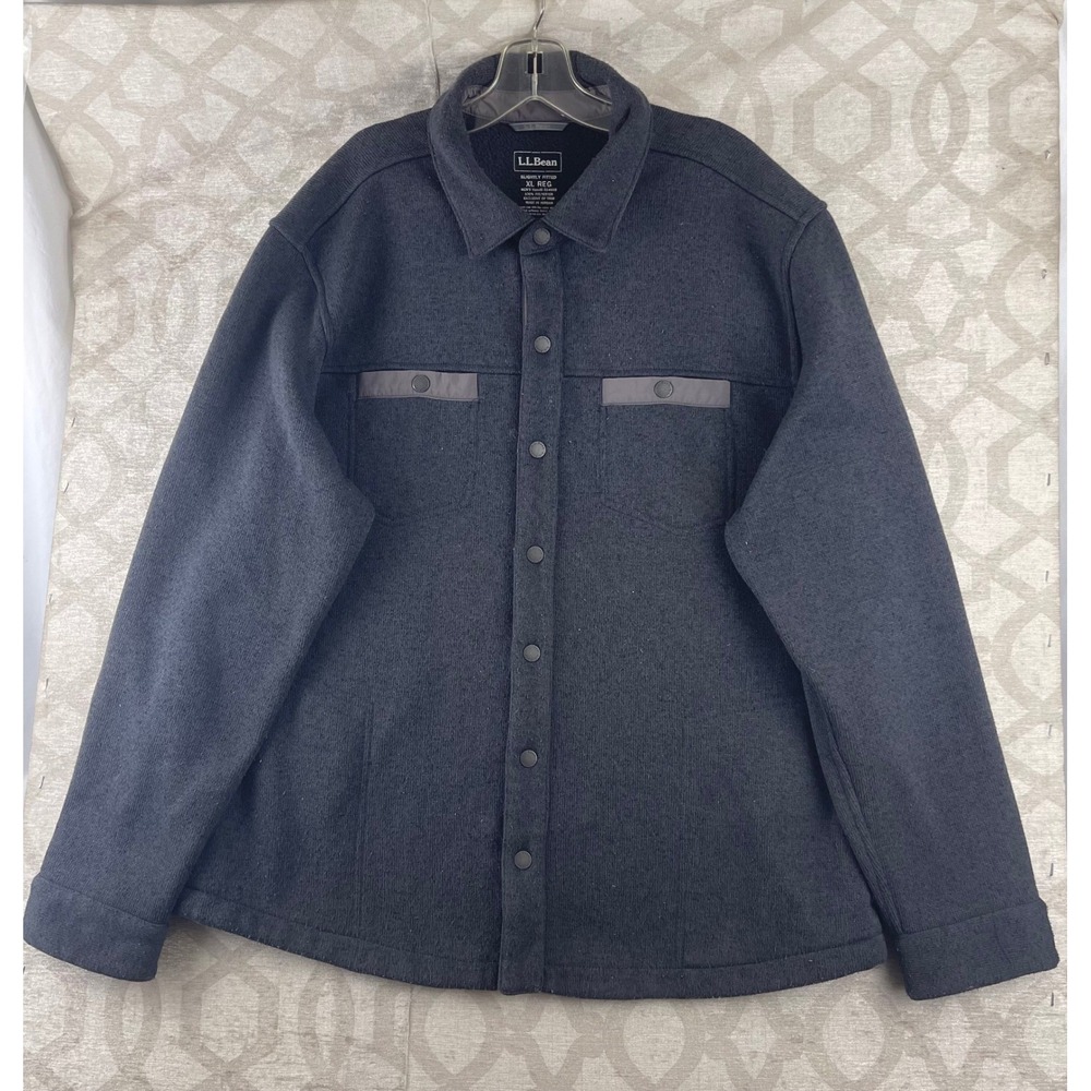 LL Bean Mens XL Regular Sweater Fleece Shirt Jacket Charcoal Gray Snap 514968